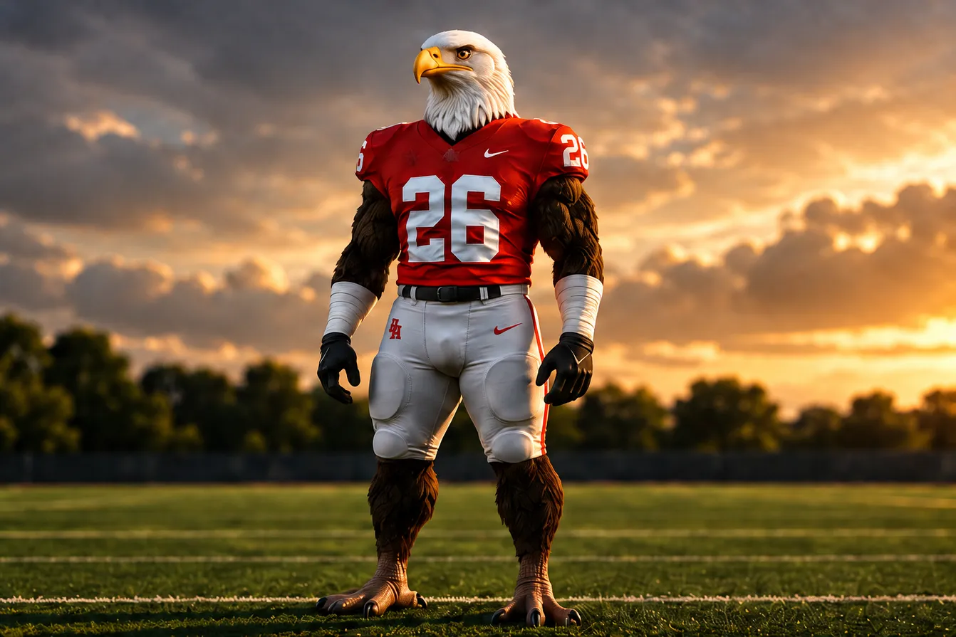 The fictional Game Week eagle in a crimson number 26 jersey on a football field at sunset